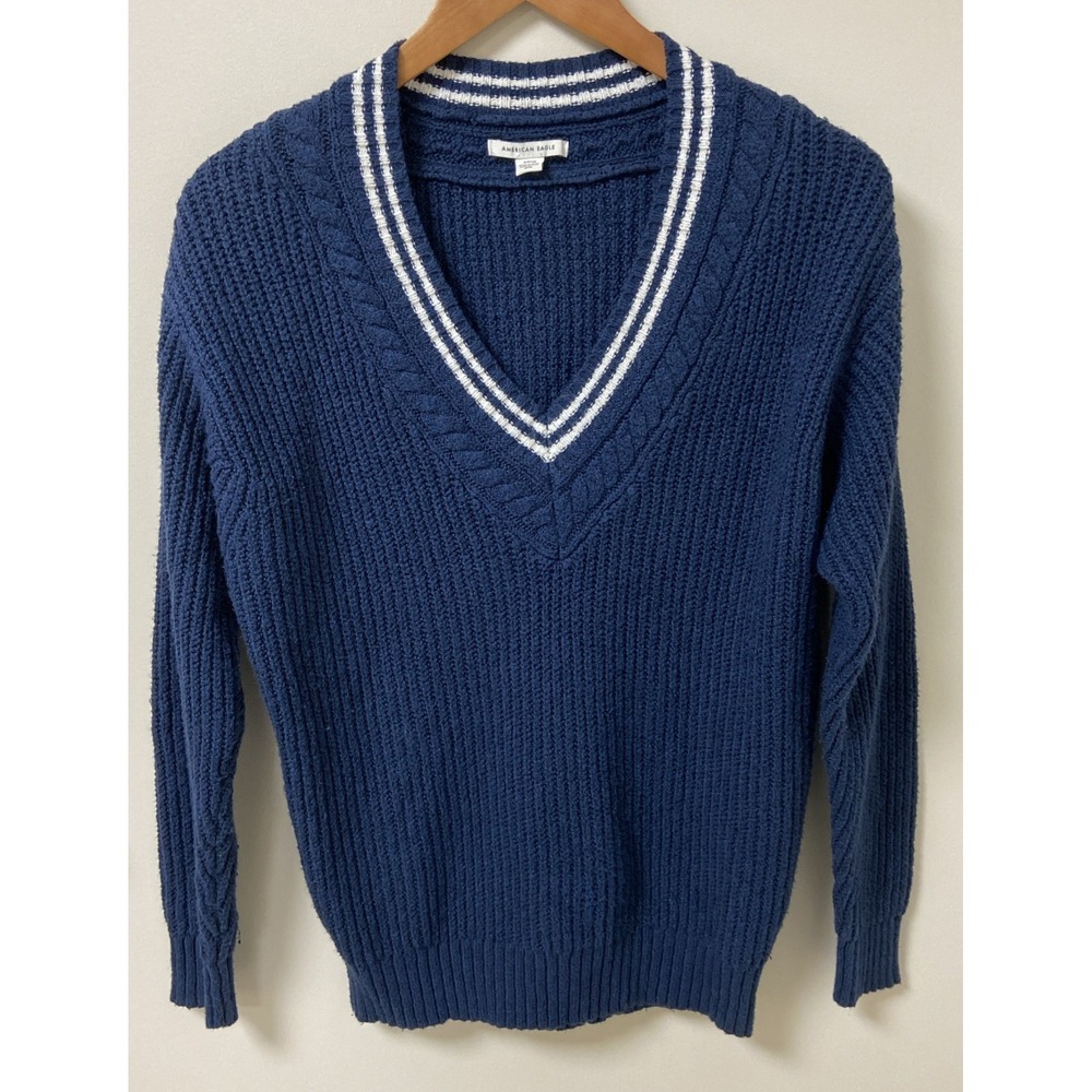 American Eagle Varsity V-Neck Sweater Women's Navy White Coastal Oversized‎ S